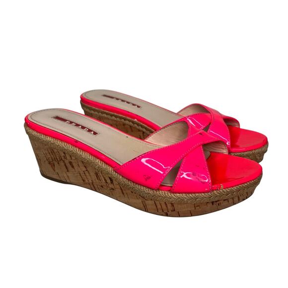 Prada Neon Pink Patent Cork Wedge Platform Sandal Size 36.5 - Picture 1 of 11
